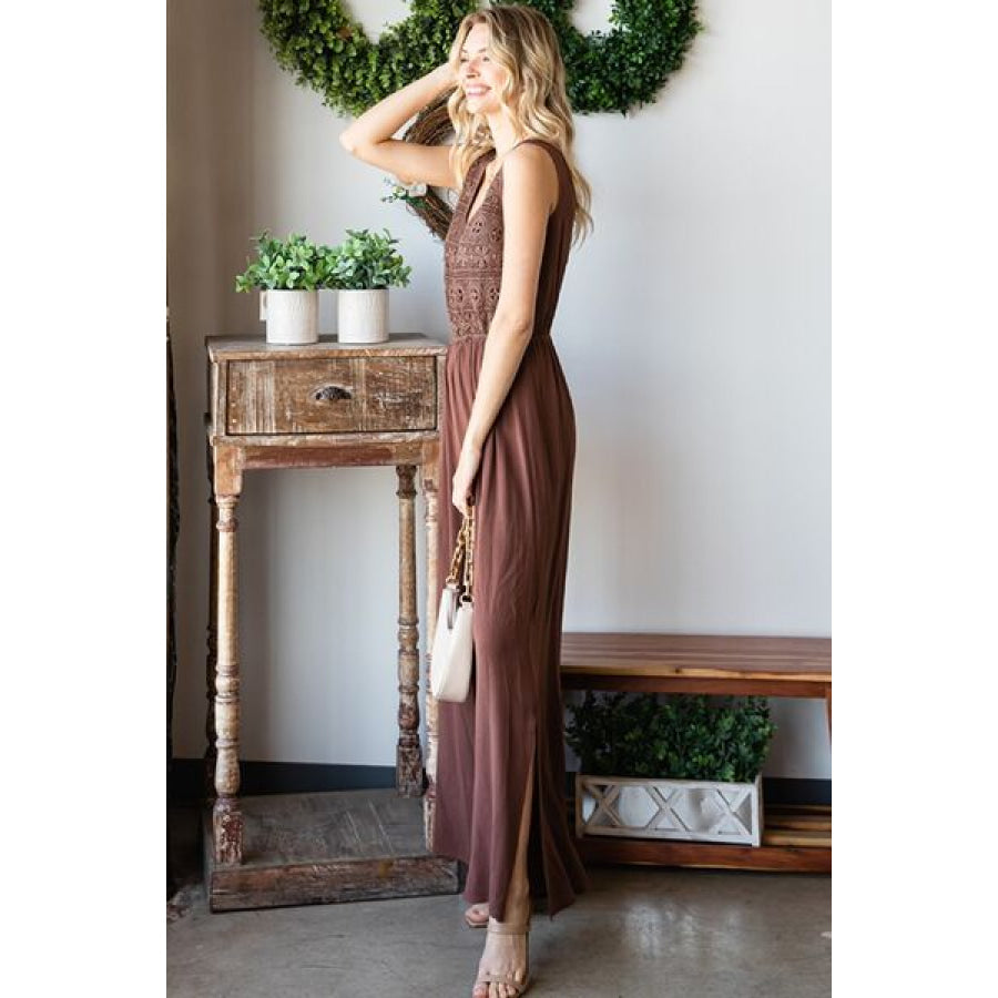 First Love Tie Back Sleeveless Slit Wide Leg Jumpsuit Apparel and Accessories