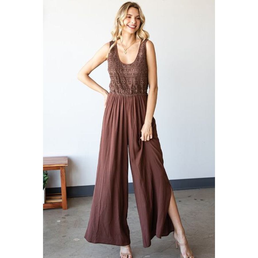 First Love Tie Back Sleeveless Slit Wide Leg Jumpsuit Apparel and Accessories