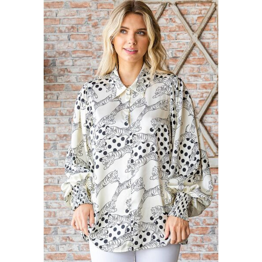 First Love Tiger Print Collared Neck Long Sleeve Satin Shirt Apparel and Accessories