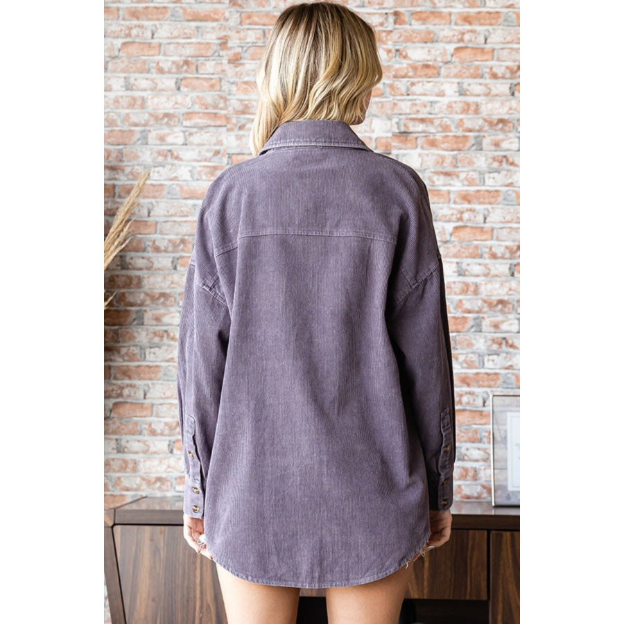 First Love Washed Corduroy Button Down Long Sleeve Shirt Purple Gray / S Apparel and Accessories