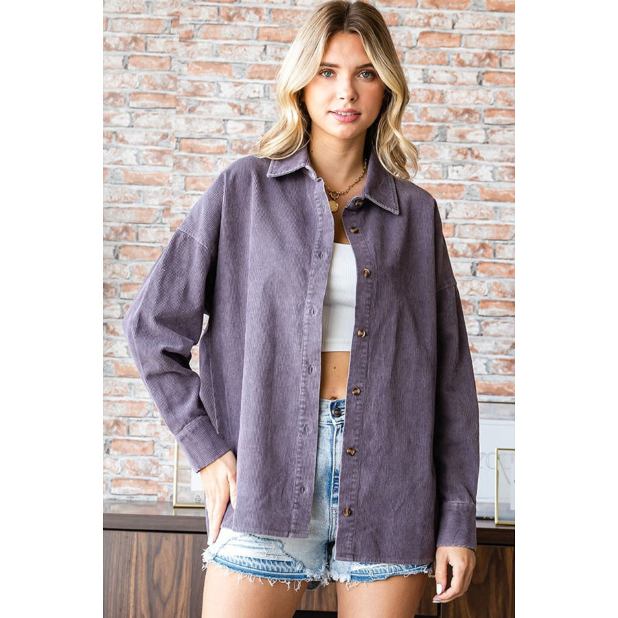 First Love Washed Corduroy Button Down Long Sleeve Shirt Apparel and Accessories