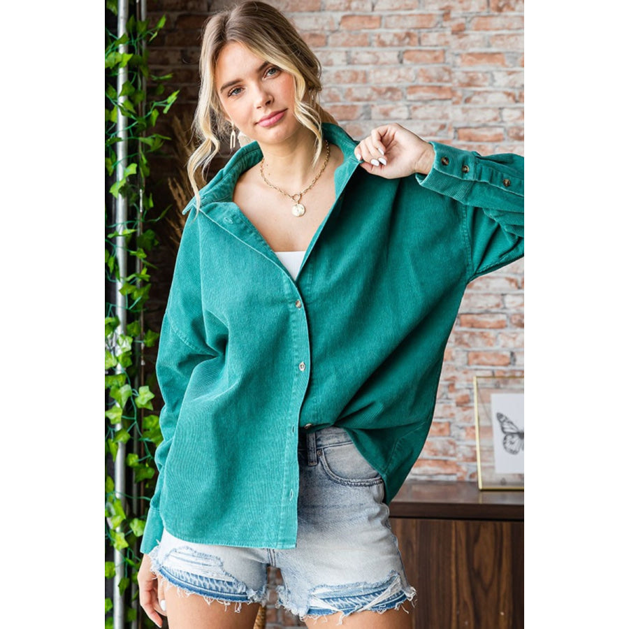 First Love Washed Corduroy Button Down Long Sleeve Shirt Green / S Apparel and Accessories