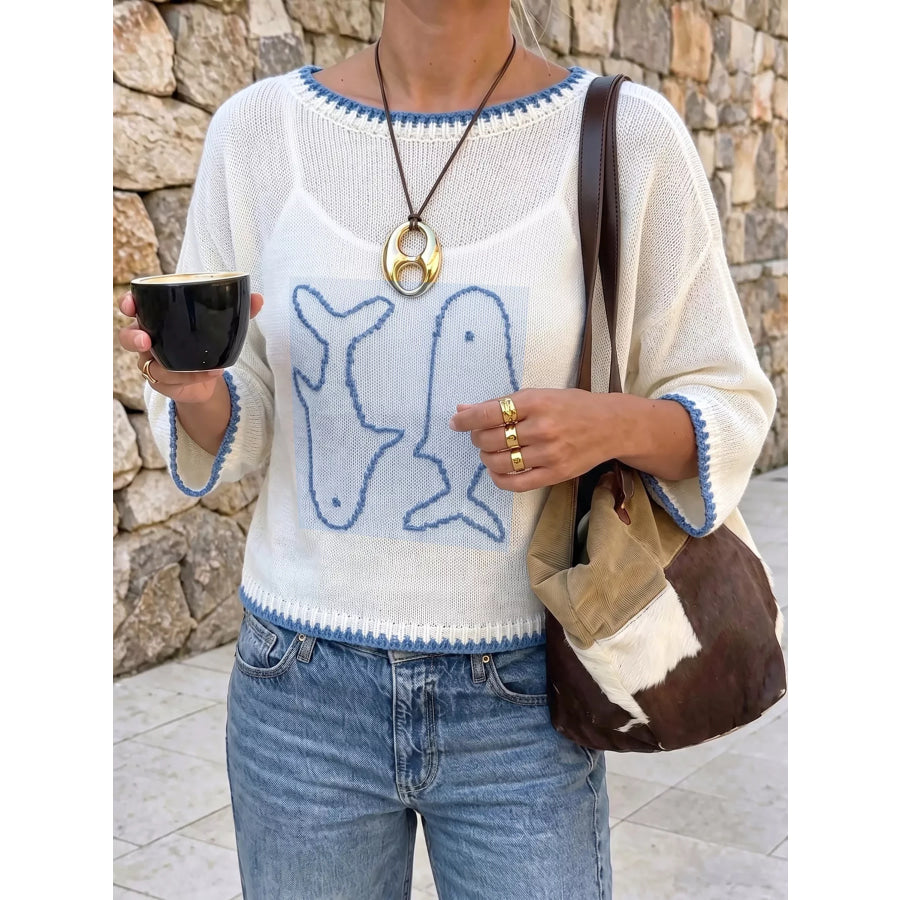 Fish Contrast Trim Knit Top White / S Apparel and Accessories