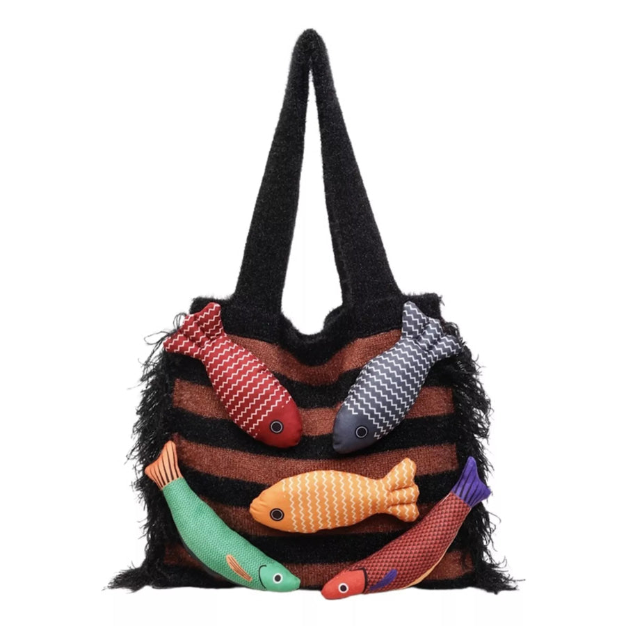 Fish Decor Striped Knit Handbag Apparel and Accessories