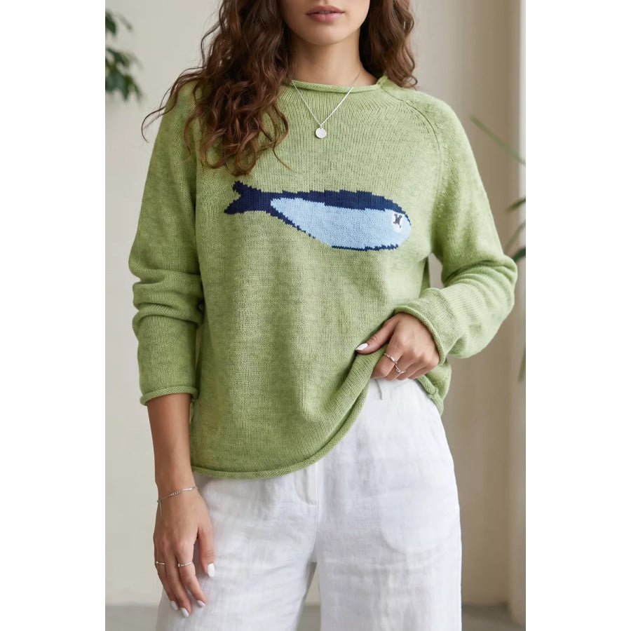 Fish Graphic Round Neck Sweater Sage / S Apparel and Accessories