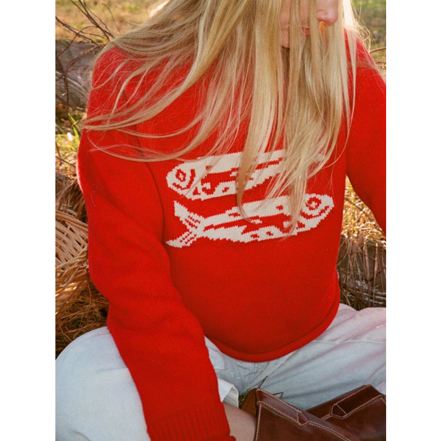 Fish Pattern Crew Neck Sweater Red / S Apparel and Accessories