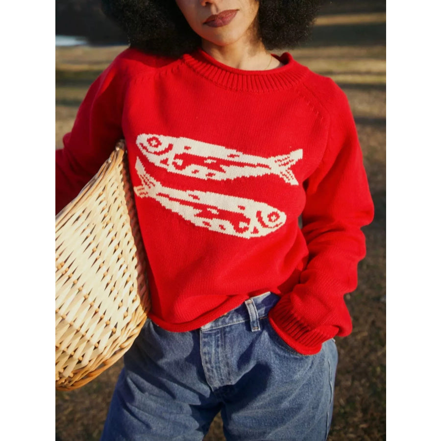 Fish Pattern Crew Neck Sweater Red / S Apparel and Accessories