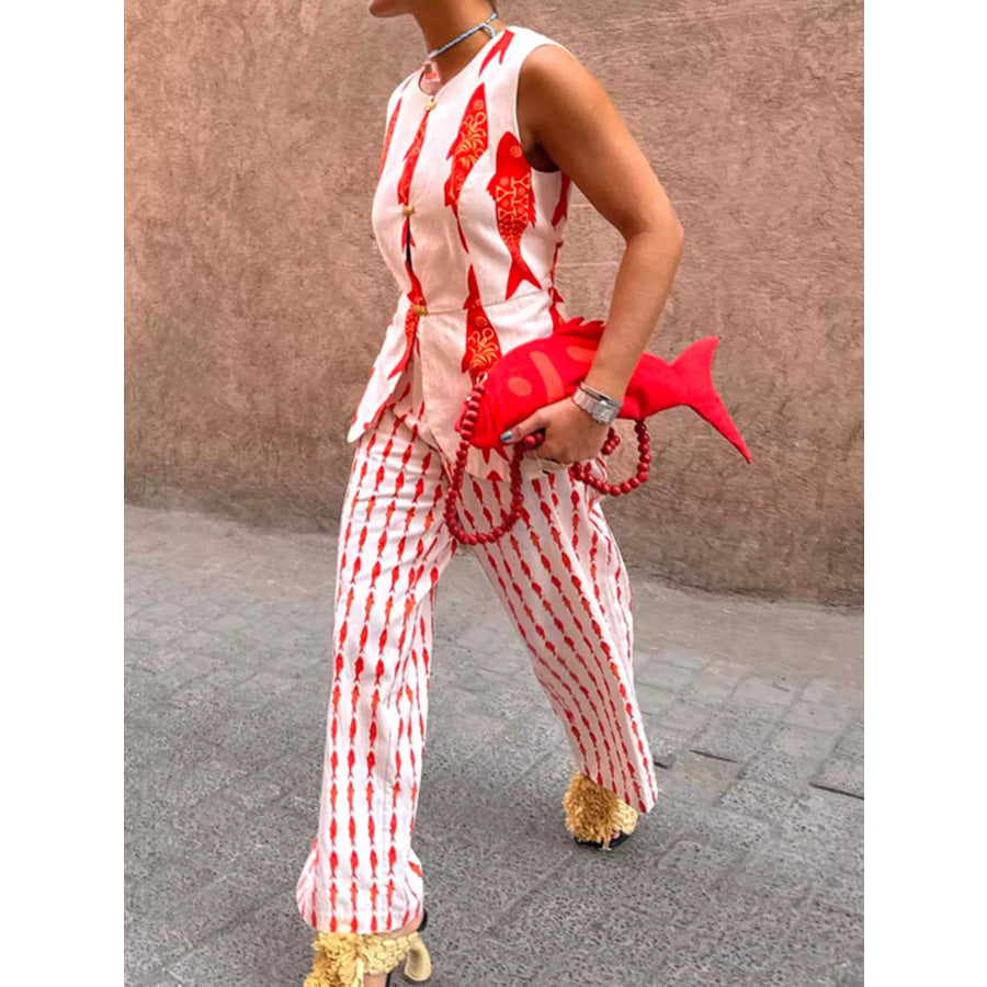 Fish Print Sleeveless Top and Pants Set Apparel and Accessories