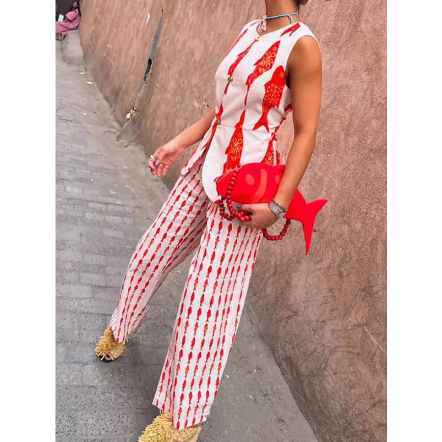 Fish Print Sleeveless Top and Pants Set Apparel and Accessories