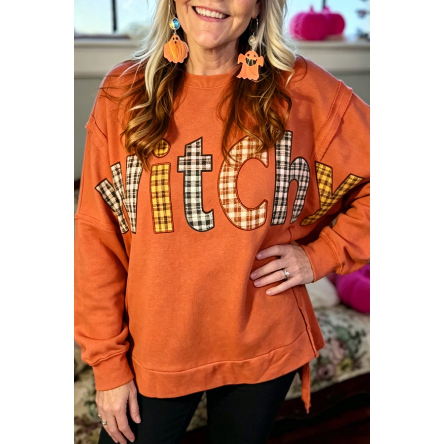 Flamingo Halloween Witchy Plaid Slogan Embroidered Patch Tunic Sweatshirt Flamingo / S / 65% Polyester + 35% Cotton Tops/Sweatshirts &