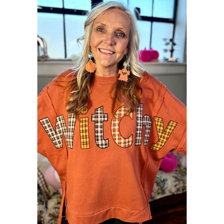 Flamingo Halloween Witchy Plaid Slogan Embroidered Patch Tunic Sweatshirt Tops/Sweatshirts & Hoodies