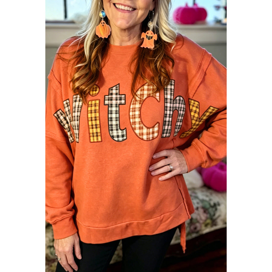 Flamingo Halloween Witchy Plaid Slogan Embroidered Patch Tunic Sweatshirt Tops/Sweatshirts & Hoodies