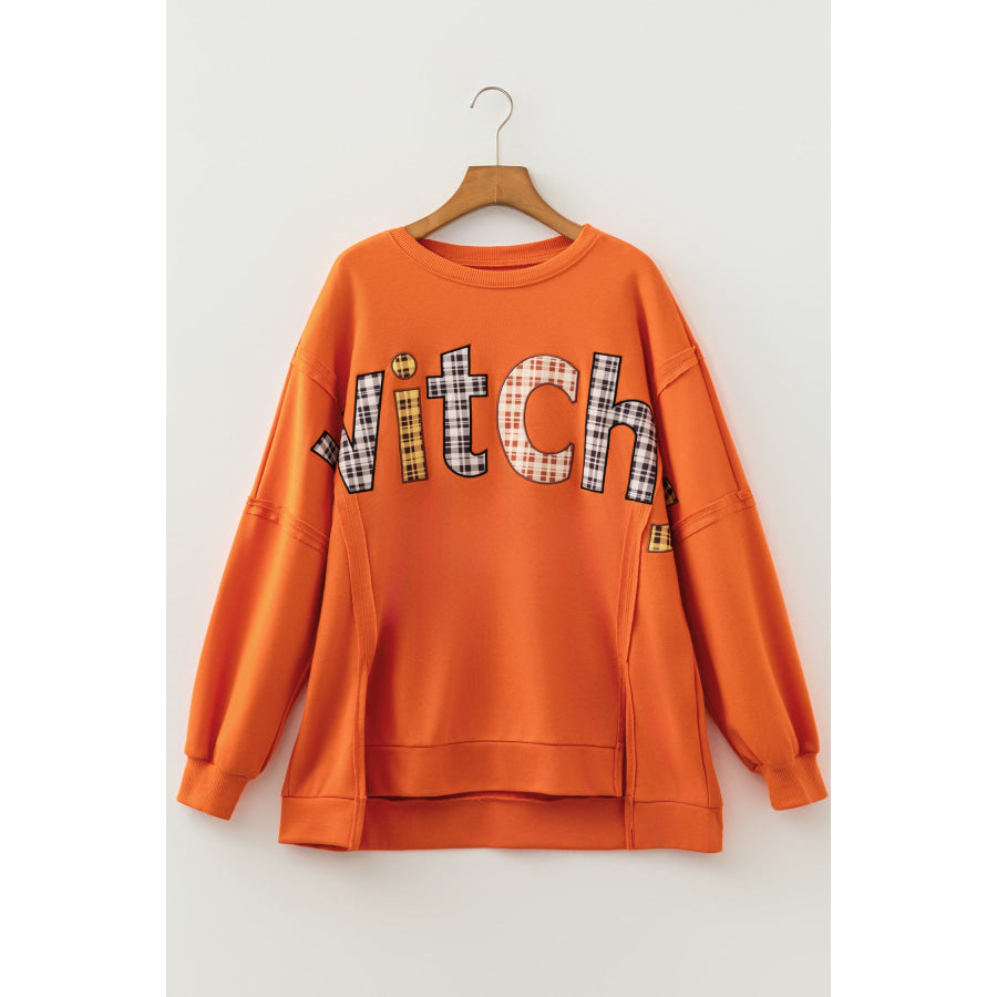 Flamingo Halloween Witchy Plaid Slogan Embroidered Patch Tunic Sweatshirt Tops/Sweatshirts & Hoodies