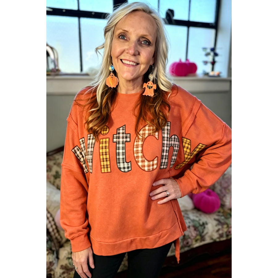 Flamingo Halloween Witchy Plaid Slogan Embroidered Patch Tunic Sweatshirt Tops/Sweatshirts & Hoodies