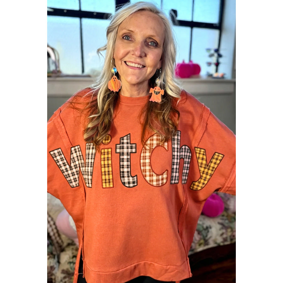 Flamingo Halloween Witchy Plaid Slogan Embroidered Patch Tunic Sweatshirt Tops/Sweatshirts & Hoodies