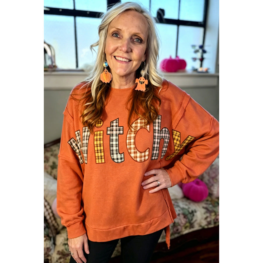 Flamingo Halloween Witchy Plaid Slogan Embroidered Patch Tunic Sweatshirt Tops/Sweatshirts & Hoodies