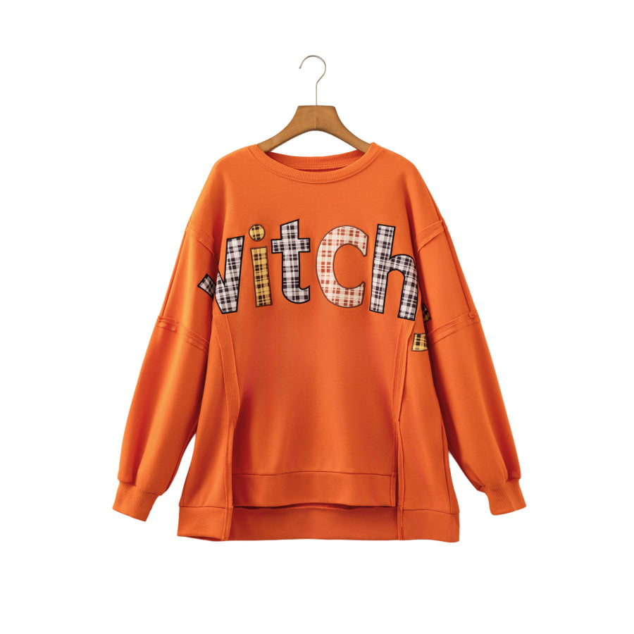 Flamingo Halloween Witchy Plaid Slogan Embroidered Patch Tunic Sweatshirt Tops/Sweatshirts & Hoodies