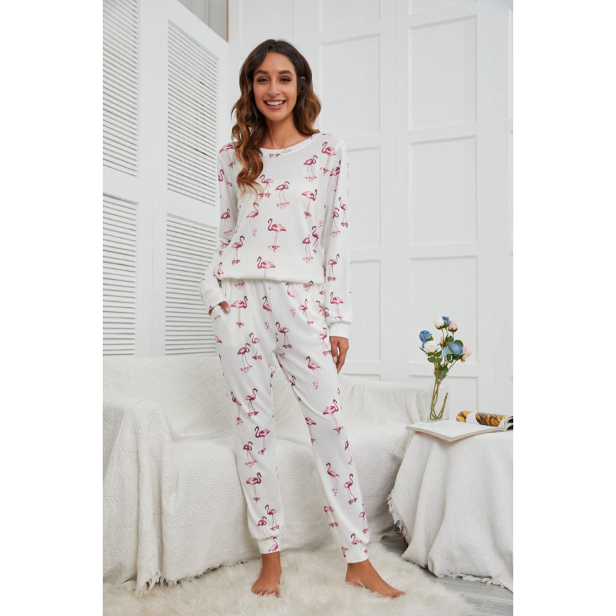 Flamingo Long Sleeve Top and Pants Lounge Set Apparel and Accessories