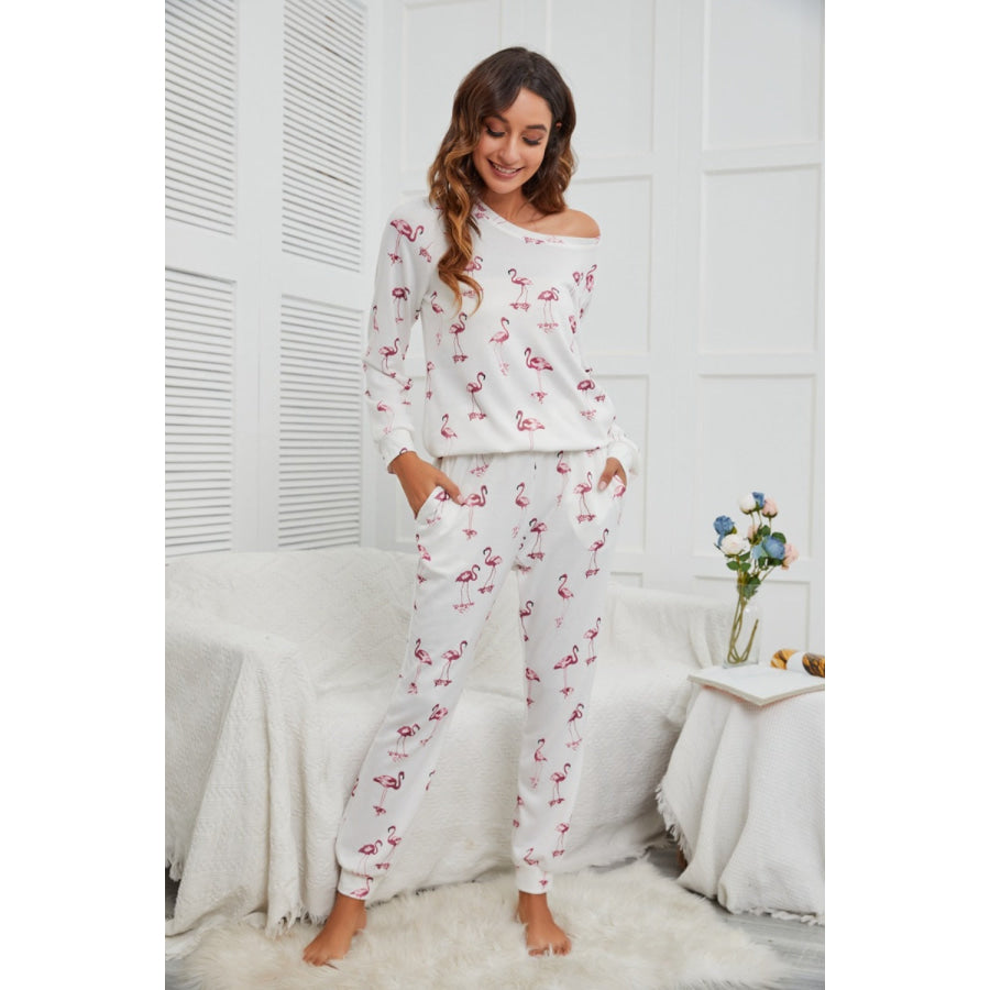 Flamingo Long Sleeve Top and Pants Lounge Set White / S Apparel and Accessories