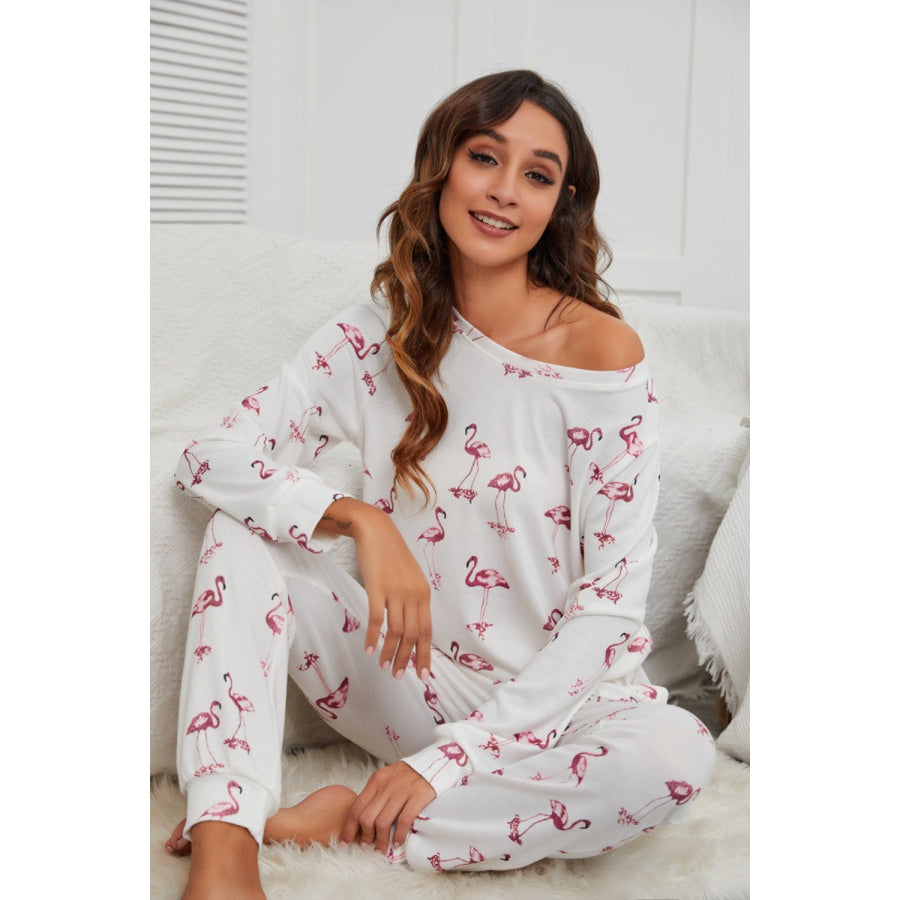 Flamingo Long Sleeve Top and Pants Lounge Set Apparel and Accessories