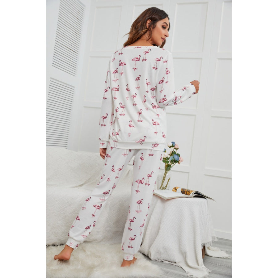 Flamingo Long Sleeve Top and Pants Lounge Set Apparel and Accessories