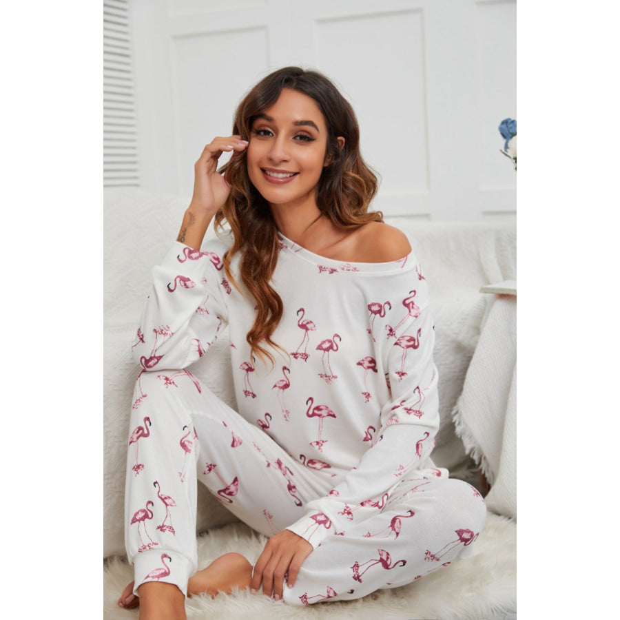 Flamingo Long Sleeve Top and Pants Lounge Set Apparel and Accessories