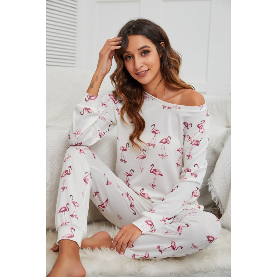 Flamingo Long Sleeve Top and Pants Lounge Set Apparel and Accessories