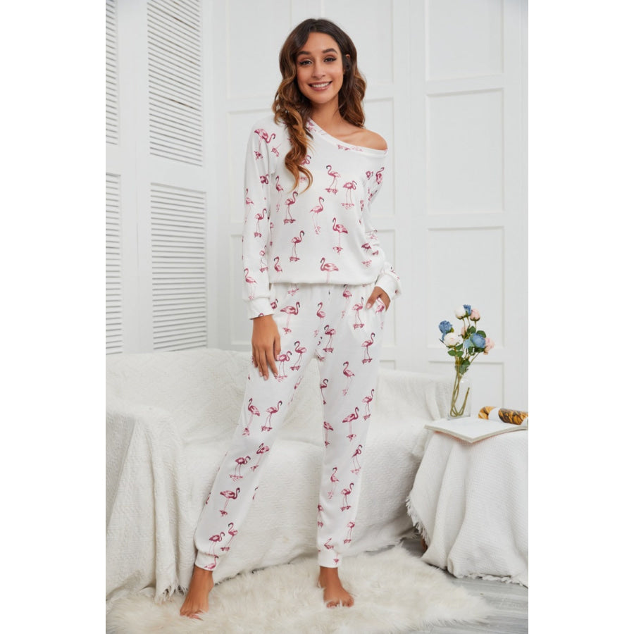 Flamingo Long Sleeve Top and Pants Lounge Set White / S Apparel and Accessories