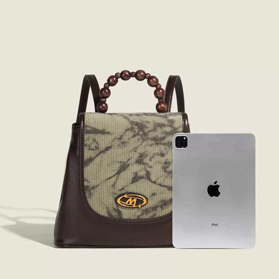 Flap Backpack Bag with Beaded Handle Brown / One Size Apparel and Accessories