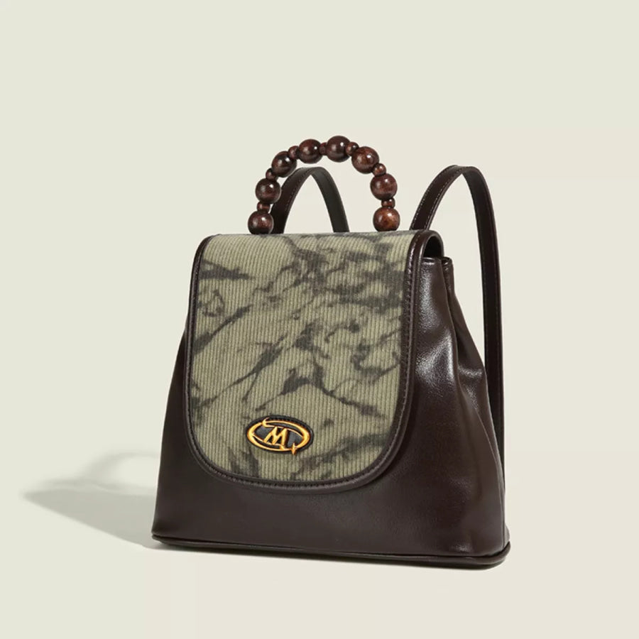 Flap Backpack Bag with Beaded Handle Brown / One Size Apparel and Accessories