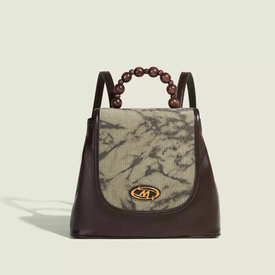 Flap Backpack Bag with Beaded Handle Brown / One Size Apparel and Accessories