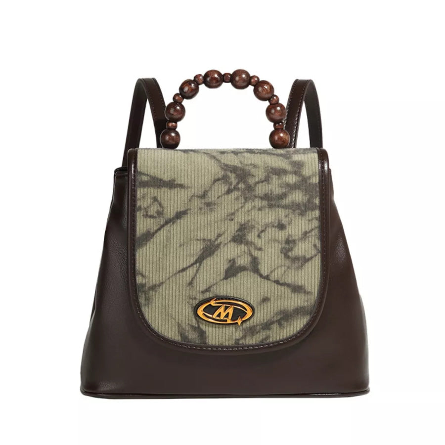 Flap Backpack Bag with Beaded Handle Brown / One Size Apparel and Accessories