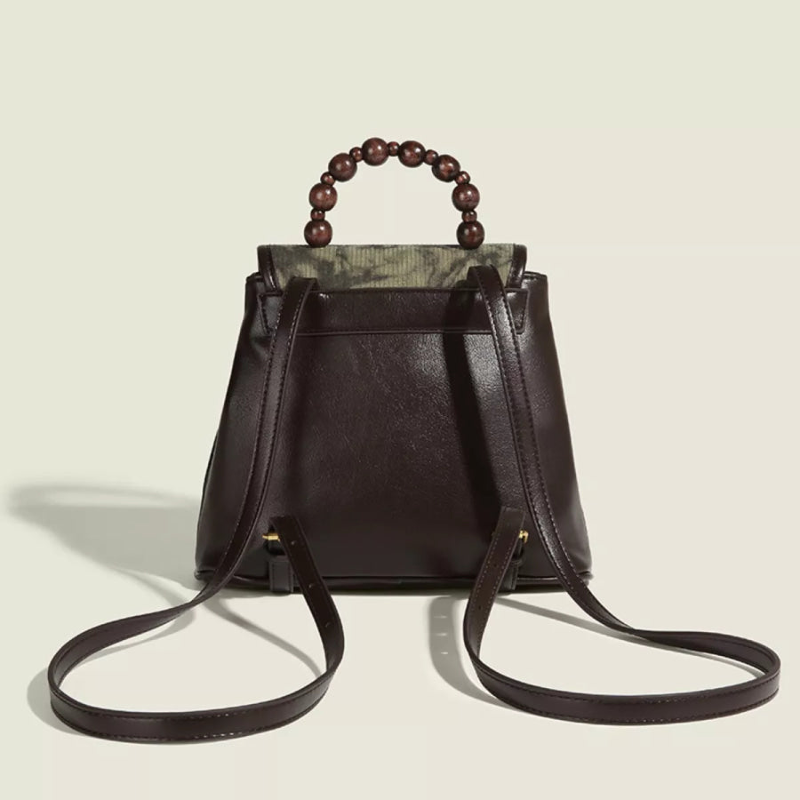 Flap Backpack Bag with Beaded Handle Brown / One Size Apparel and Accessories