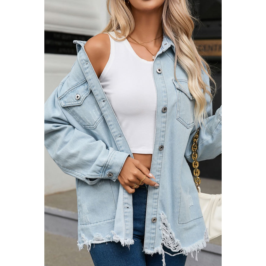Flap Pocket Raw Hem Denim Jacket Light Blue / S Apparel and Accessories