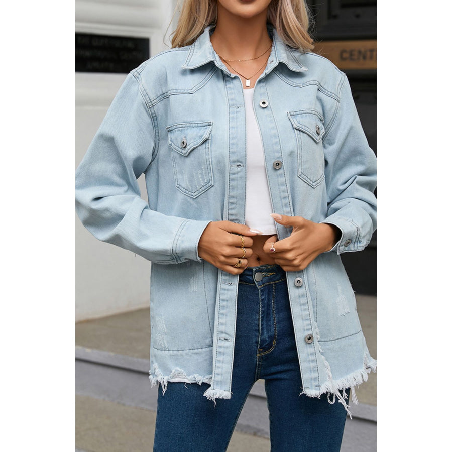 Flap Pocket Raw Hem Denim Jacket Light Blue / S Apparel and Accessories