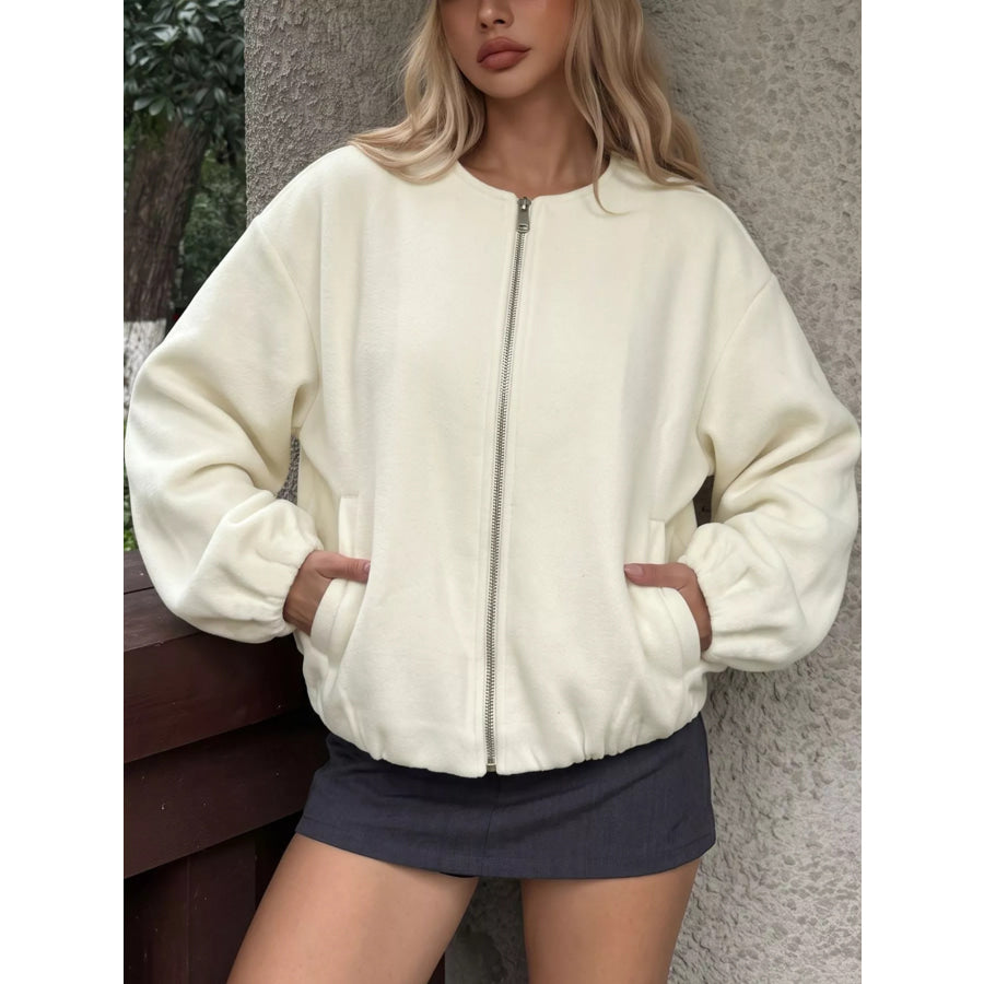 Fleece Bomber Jacket with Zipper Closure Apricot / S Apparel and Accessories