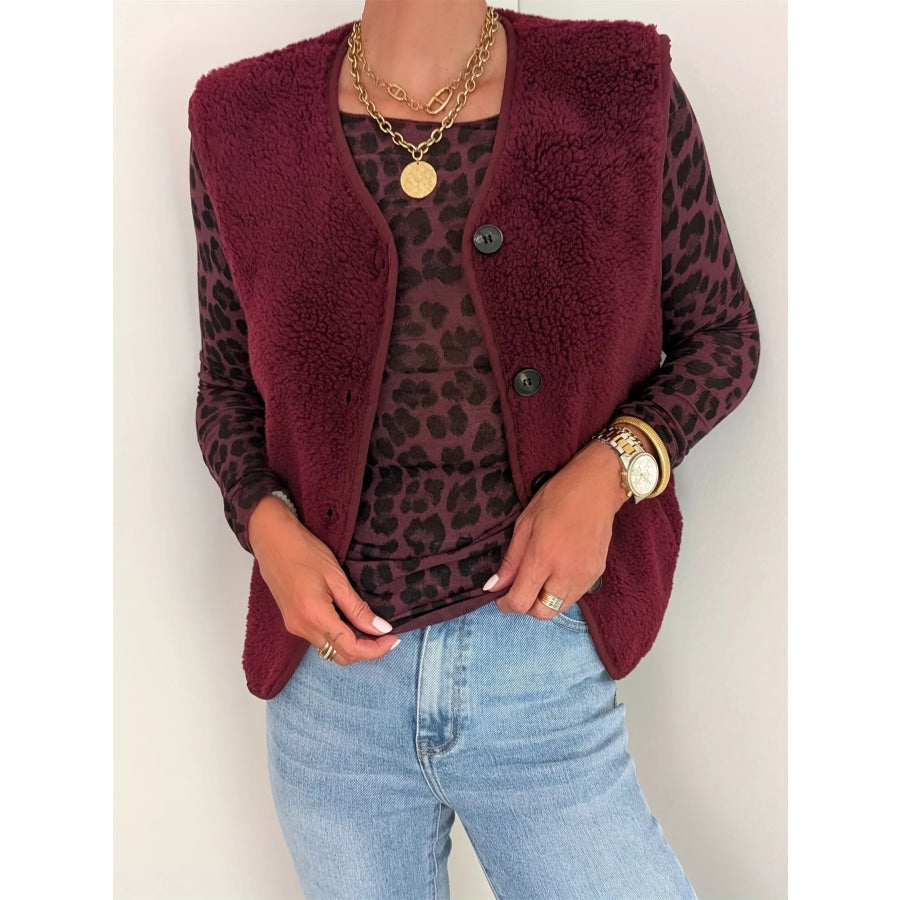 Fleece Button-Down Vest Coat Burgundy / S Apparel and Accessories