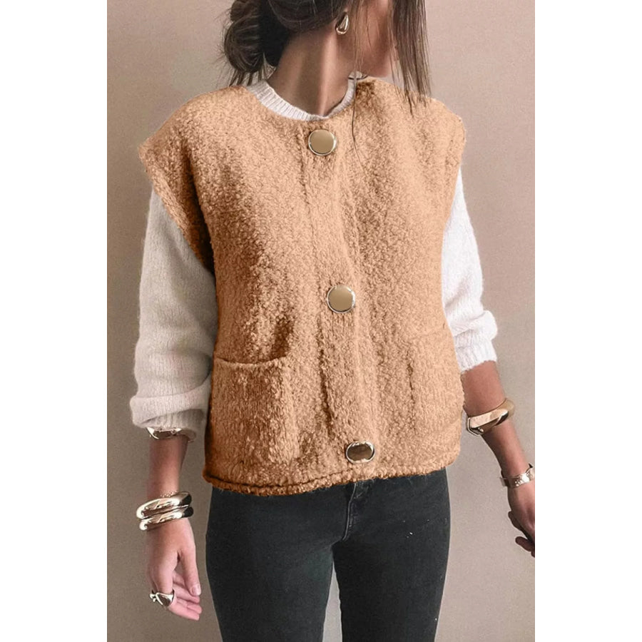 Fleece Button-Down Vest Coat Pale Blush / S Apparel and Accessories