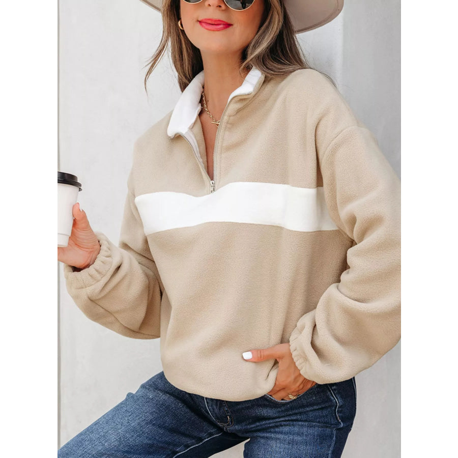 Fleece Colorblock Patchwork Zipped Neck Pullover Sweatshirt Khaki / S Apparel and Accessories