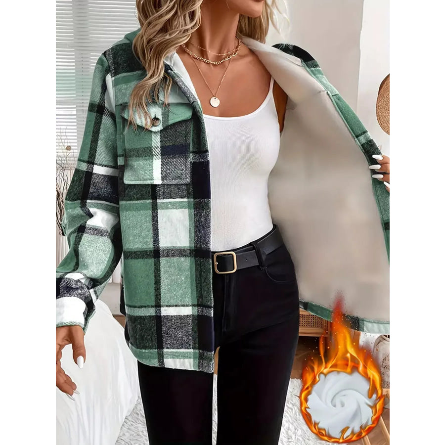 Fleece-Lined Plaid Button Up Shacket Green / S Apparel and Accessories