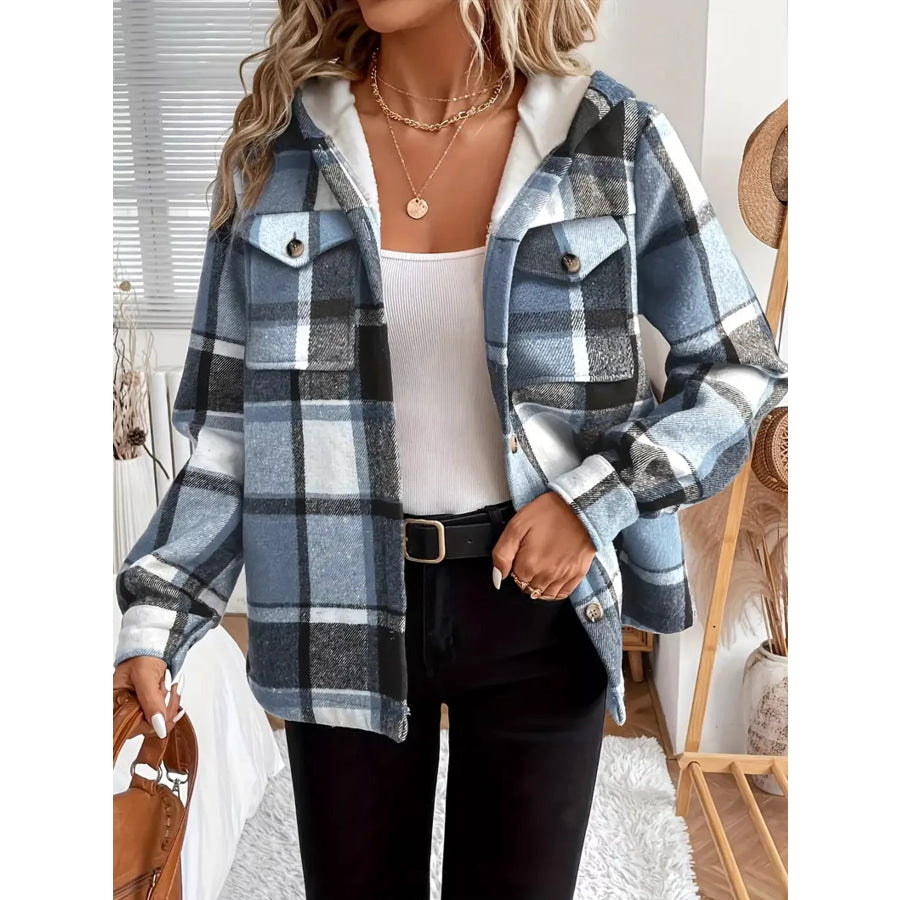 Fleece-Lined Plaid Button Up Shacket Light Blue / S Apparel and Accessories