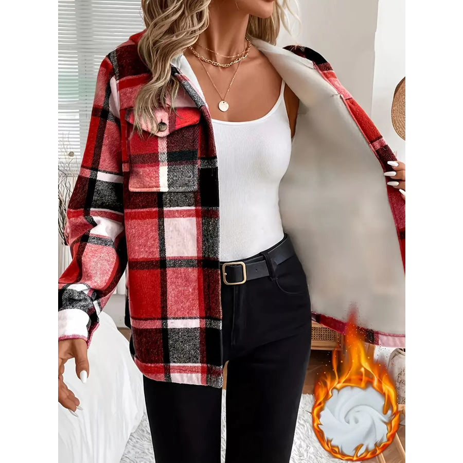 Fleece-Lined Plaid Button Up Shacket Red / S Apparel and Accessories