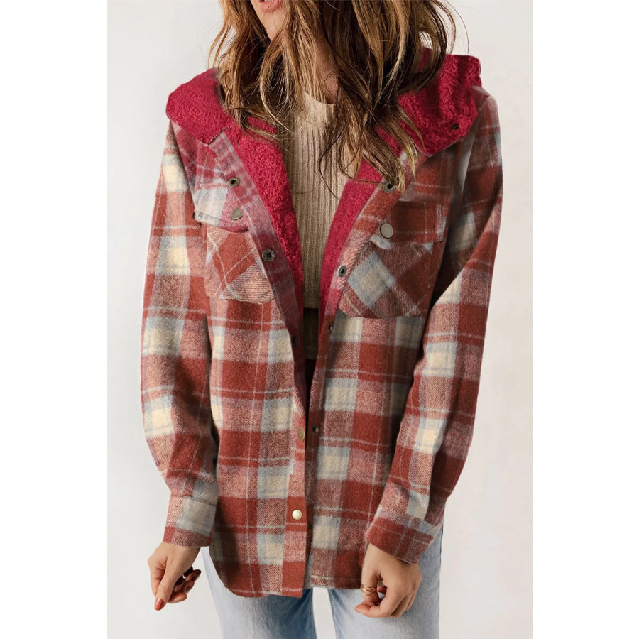 Fleece Lined Plaid Hooded Jacket Rust / XS Apparel and Accessories