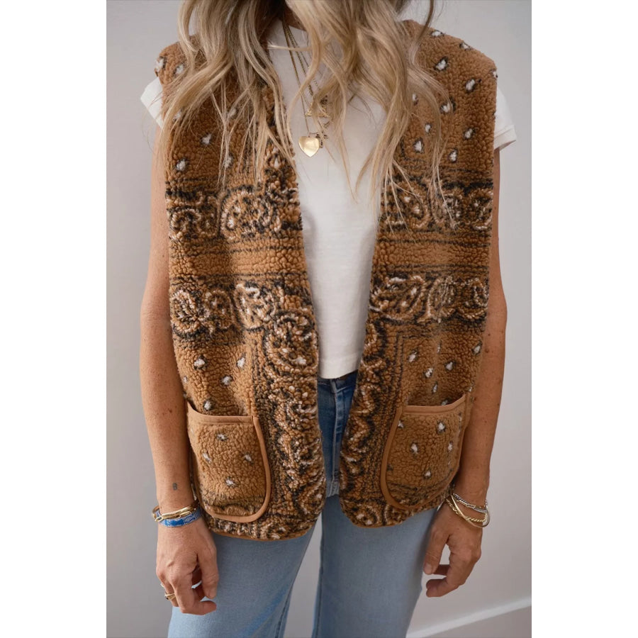 Fleece Open Front Vest Coat Caramel / S Apparel and Accessories