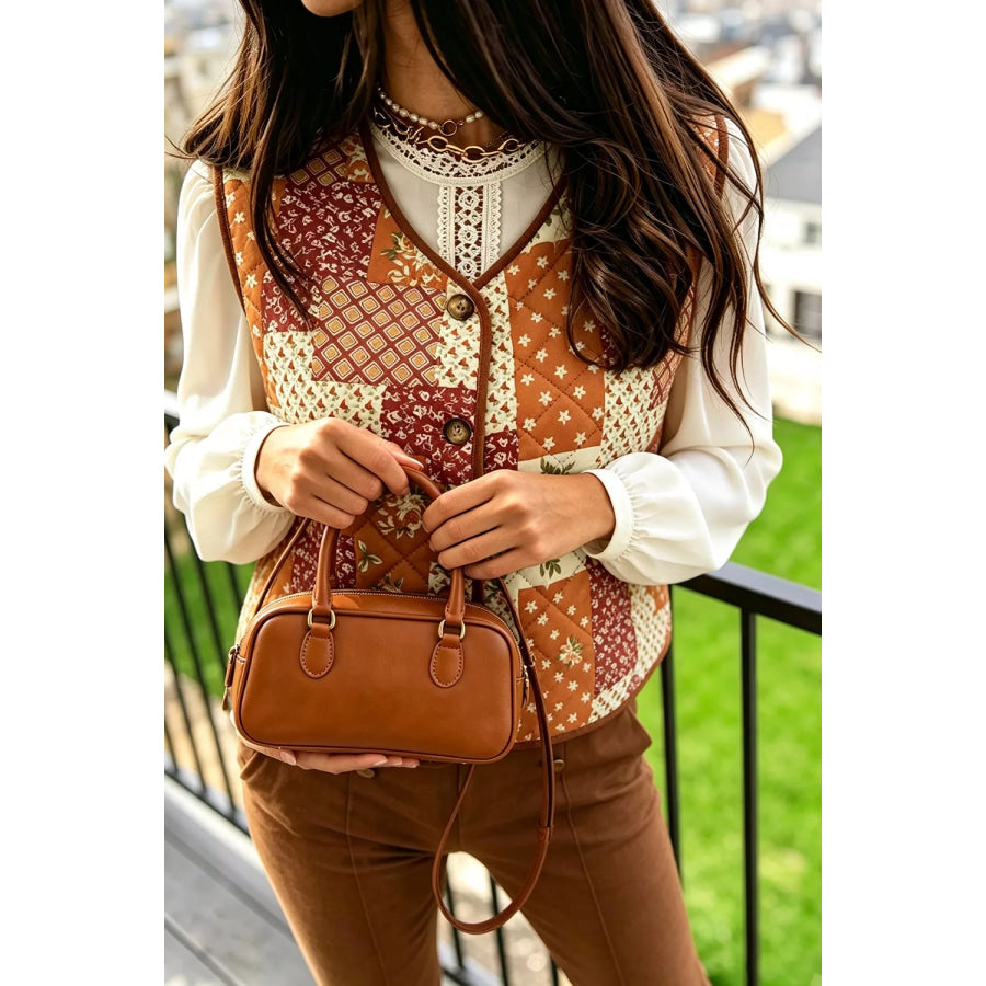Fleece Quilted Floral Patchwork Contrast Trim V Neck Button Vest Pumpkin / S Apparel and Accessories
