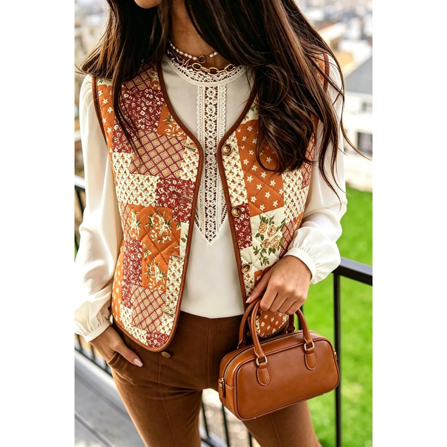 Fleece Quilted Floral Patchwork Contrast Trim V Neck Button Vest Pumpkin / S Apparel and Accessories