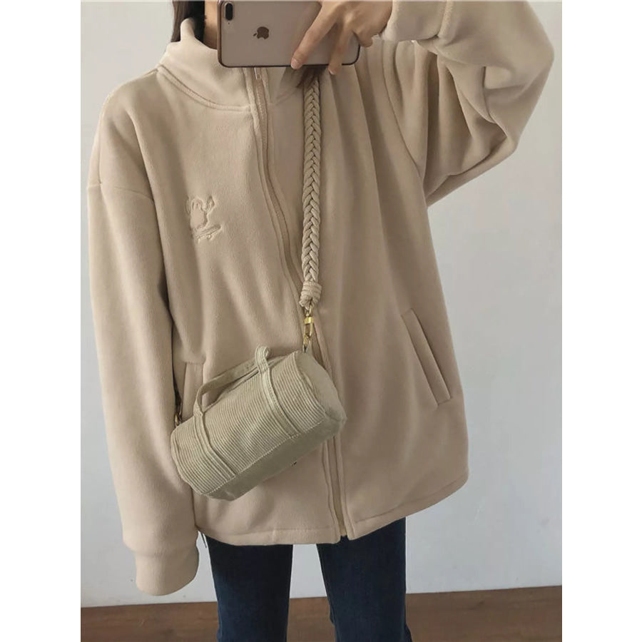 Fleece Stand-Collar Zip-Up Jacket Apricot / M Apparel and Accessories