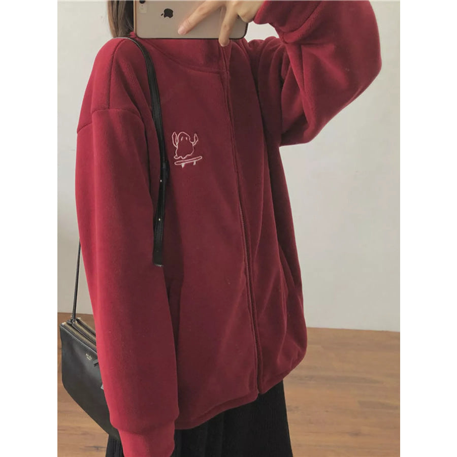 Fleece Stand-Collar Zip-Up Jacket Burgundy / M Apparel and Accessories