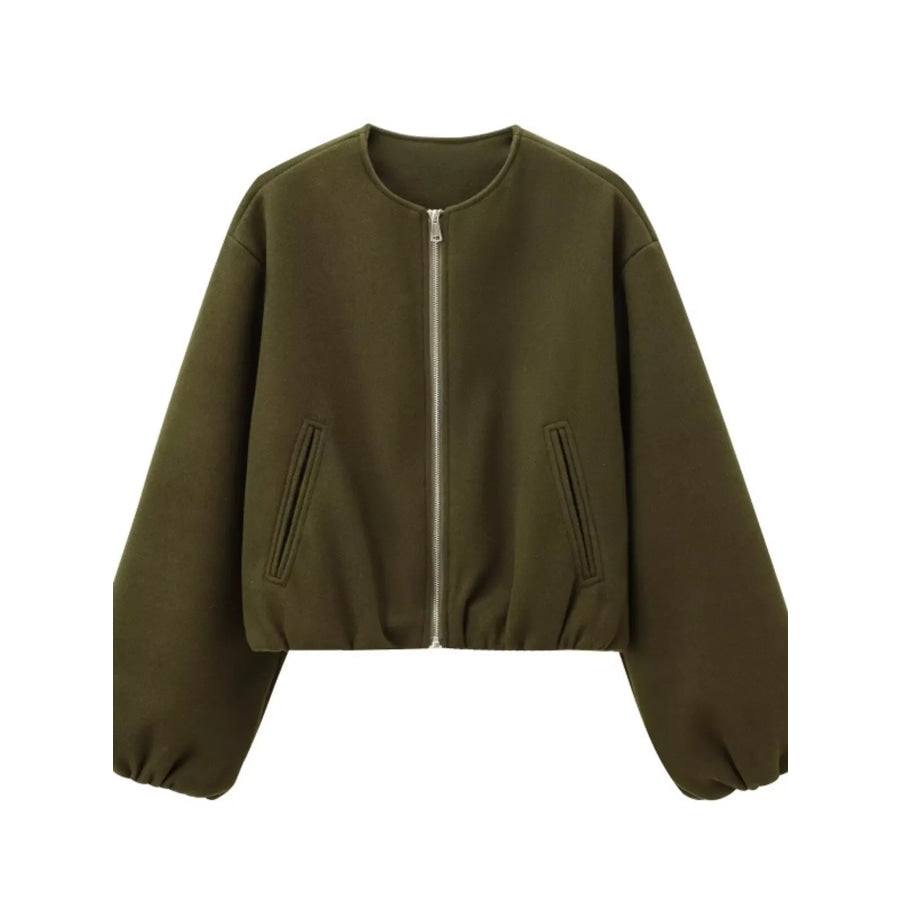 Fleece Zip-Up Cropped Jacket Army Green / XS Apparel and Accessories