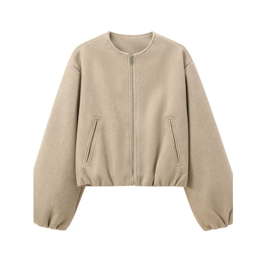 Fleece Zip-Up Cropped Jacket Khaki / XS Apparel and Accessories
